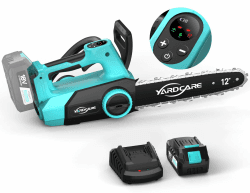 YARDCARE Akku-Kettensäge 12 Zoll mit YARDCARE 4Ah Lithium-Ion Akku, LED-Display & Bürstenloser Motor, Werkzeuglose Kettenspannung, Automatischer Öler, Rückschlagschutz für Gartenarbeit Schwarz Blau