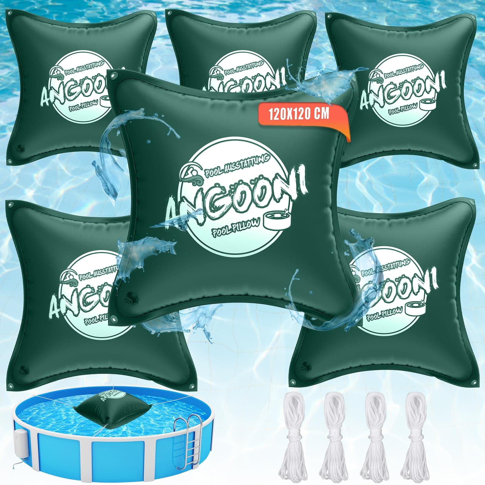 Angooni Poolkissen Winter XXL 6 Stück-120 x 120 cm | Luftkissen Pool mit Doppelnaht zur Poolabdeckung | Pool Kissen für den Winter | mit Boston Dual-Inflation Ventil | Grüner 6 Set-120×120 cm