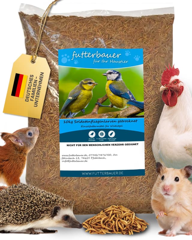 Futterbauer 10kg Soldatenfliegenlarven getrocknet, Premium Vogelfutter, Fischfutter, Futter für Reptilien und Nager, Proteinreiches Naturfutter wie Mehlwürmer
