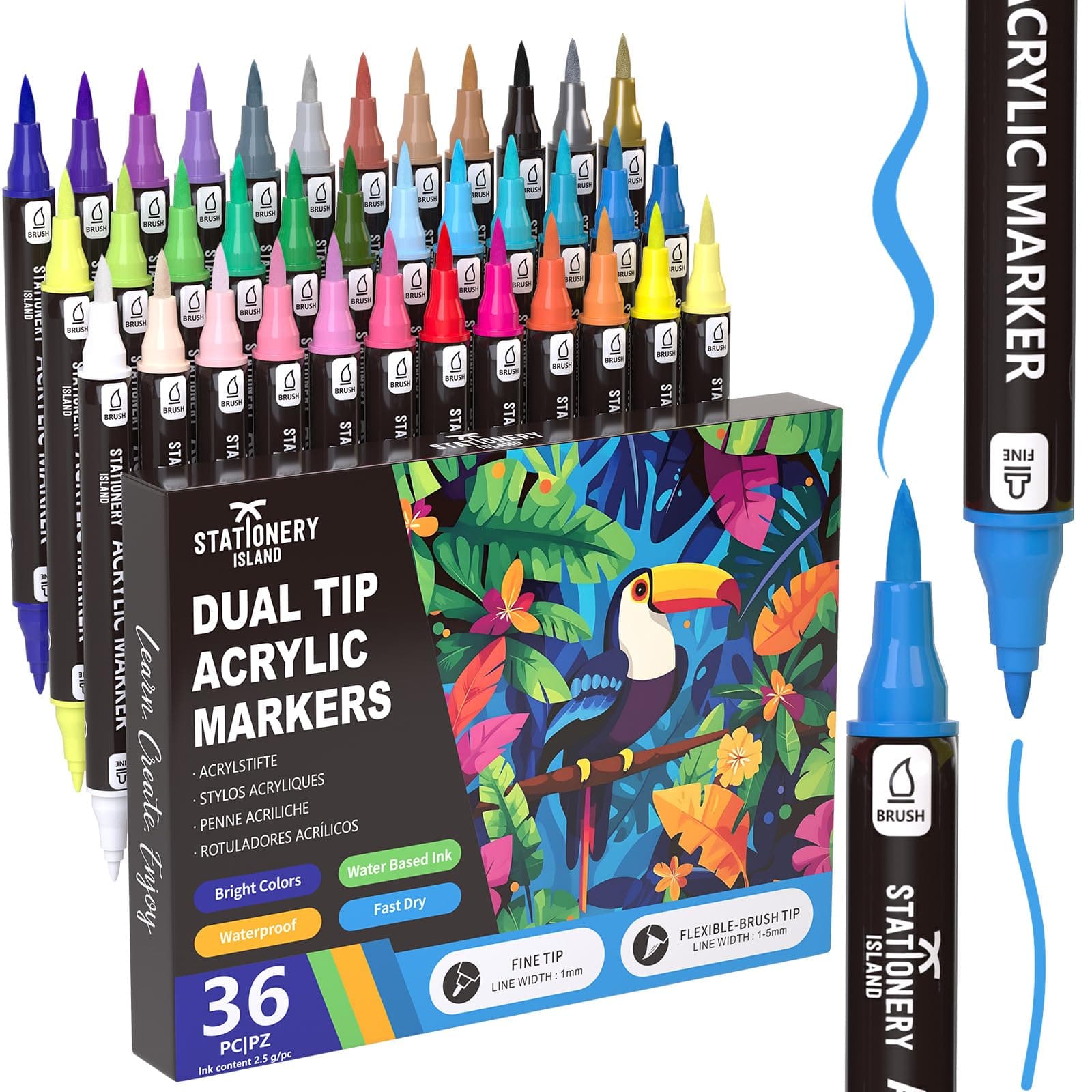 STATIONERY ISLAND Acrylstifte für Steine Wasserfest 36 Farben 1-5mm Dual Tip (feine Spitze und Pinsel) Acrylmarker für Rock Painting, Glas, Papier, Holz, Ei, Leinwand, Keramik, Stoff, DIY Crafts