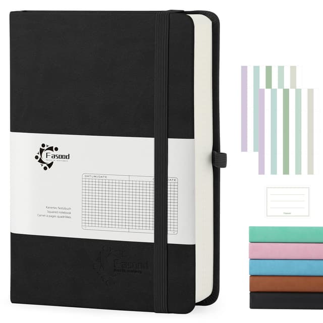Fasood Notizbuch A5 Kariert, Hardcover Journal Notizbücher mit 320 Seiten, 100g/m² Dickes Papier, Mehrfarbige Registerkarten, Stiftlasche und Dokumententasche, für Schule, Büro (Schwarz)
