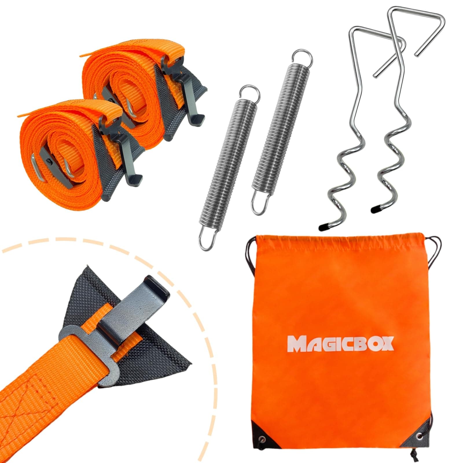 Magicbox Sturmband Markise Set für Thule&Fiamma, Sturmsicherung Komplett Set mit 2 Spiralnagel, 2 Federn, 2 Spanngurten+Tasche, Wetterfestes Wohnmobil Zubehör zur Stabilisierung von Markise