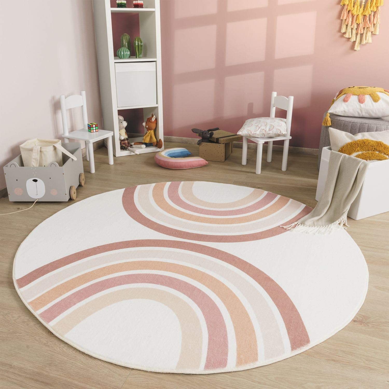 TT Home Babyzimmer Teppich Rund Kinderzimmer Waschbar Regenbogen Sonne, Farbe:Rosa Beige Pink, Größe:100 cm Rund 100 cm Rund Rosa Beige Pink