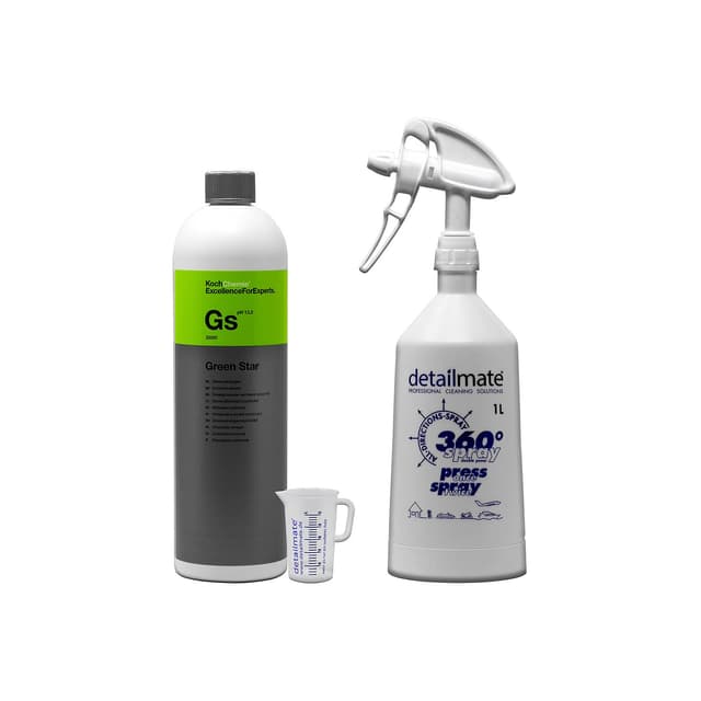 detailmate Set - Koch Chemie Green Star Universalreiniger 1L Made by Kwazar Mercury Super PRO+ 360 Grad Sprühflasche. Double Action Trigger, 1 Liter/Skalierter Messbecher 50 ml Flasche + Sprühflasche weiß + Messbecher