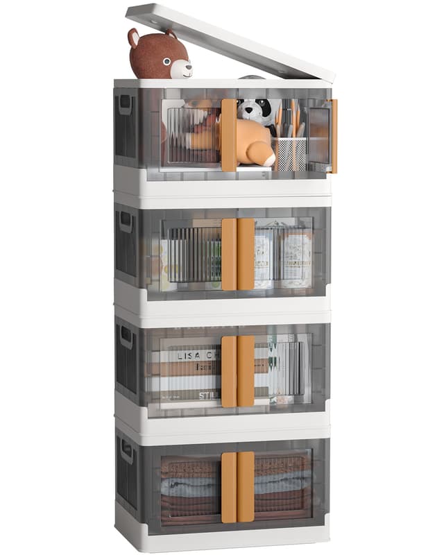 NETEL Aufbewahrungsbox mit Deckel groß, Stapelbare Aufbewahrungsboxen 32L 4 Stück, Dicker Hartplastik Box, Durchsichtig Stapelboxen mit deckel, Faltbare Aufbewahrungsbox mit Tür und Rollen 4x 32L