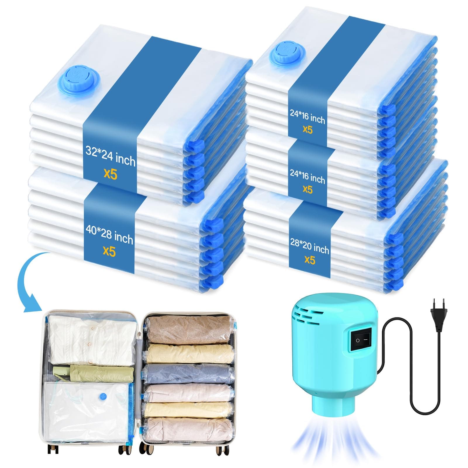 LKV Elektrische Luftpumpe Vakuumbeutel für Kleidung, 25 Beutel (5 Beutelgrößen), wiederverwendbare Vakuumbeutel für Bettwäsche Elektrische Saugpumpen + 25 Kleidungsorganisatoren