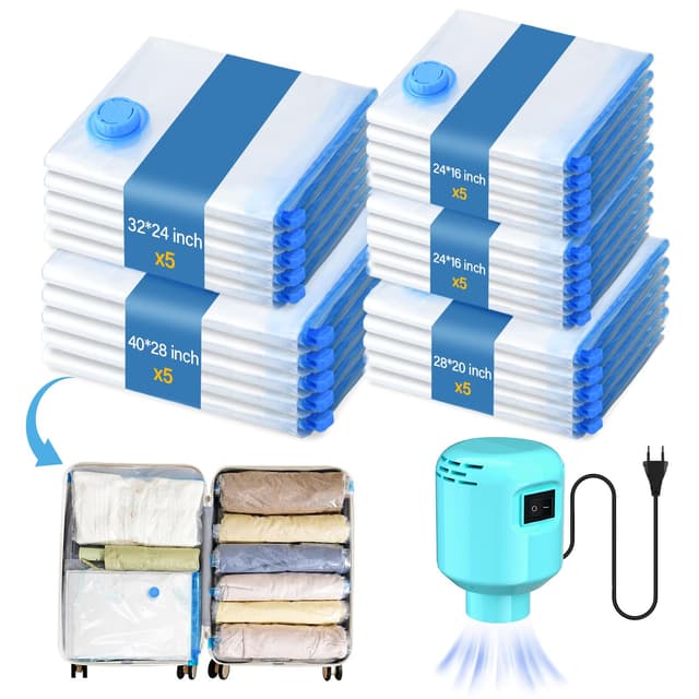 LKV Elektrische Luftpumpe Vakuumbeutel für Kleidung, 25 Beutel (5 Beutelgrößen), wiederverwendbare Vakuumbeutel für Bettwäsche Elektrische Saugpumpen + 25 Kleidungsorganisatoren