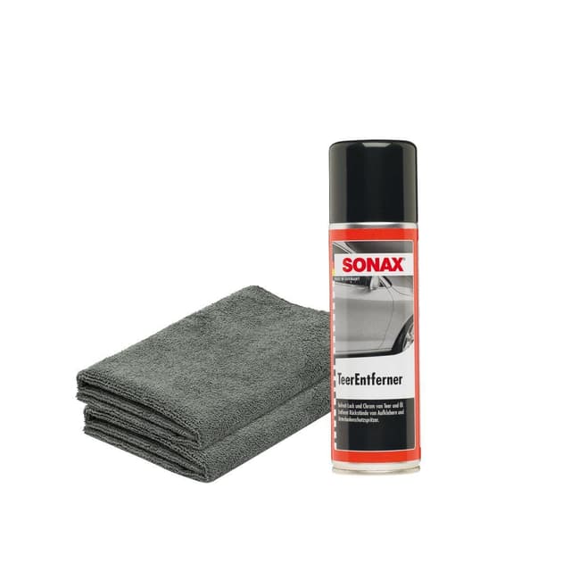 detailmate Bundle - SONAX Teerentferner 0,3L + 2x detailmate Mikrofasertuch 380GSM, 40x40cm - Löst schonend und gründlich Teer-, Ölflecken und andere Verschmutzungen von Lack und Chrom