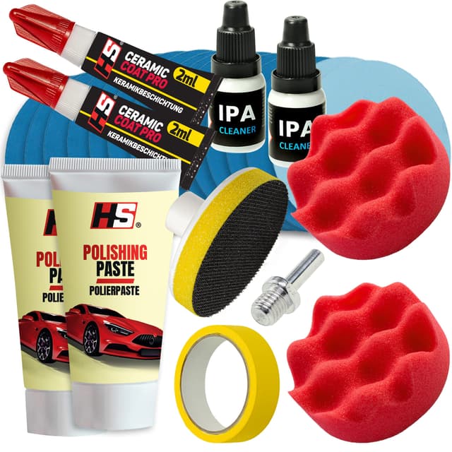 HS® Scheinwerfer Aufbereitungs Set - Auto Scheinwerfer Polierset für Matte & Blinde Auto-Lampen - Kompletter Politur Set mit Keramikbeschichtung - Regenerationskit für Autoscheinwerfer