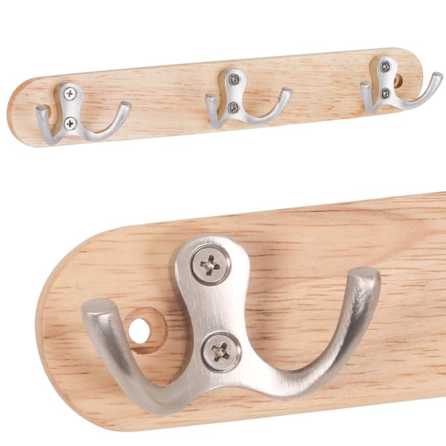 RICOO Garderobenhaken Holz, Kleiderhaken Wand, MH013, Wandhaken Holz, Garderobenleiste, mit 3 Haken, Edelstahl, 27 cm, Wandgarderobe, Holzhaken zum Schrauben Hellholz