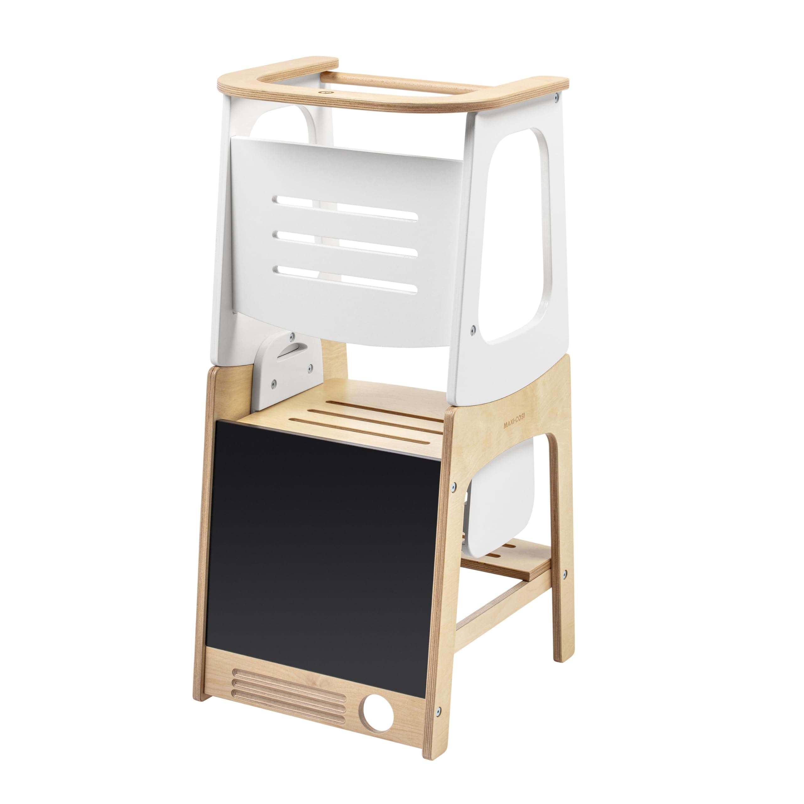 Maxi-Cosi Toucan 3-in-1-Lernturm Montessori Holz, Montessori Lernturm, 1,5–99+ Jahre, 10–150kg, 3 Höhen, verwandelt Sich in Tisch+Stuhl, integrierte Tafel, FSC® 100% Zertifiziertes Holz, Natural Wood