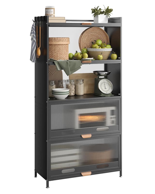 NETEL Rostfreies 5-stufiges Küchenregale Stehend, Küchenschrank mit Rollen und Füße, Mikrowellenschrank, Bäckerregal, Standregal, Lagerregal für Küche Wohnzimmer mit Sichtbare Türen, Vintage, Schwarz 5 Tier Schwarz