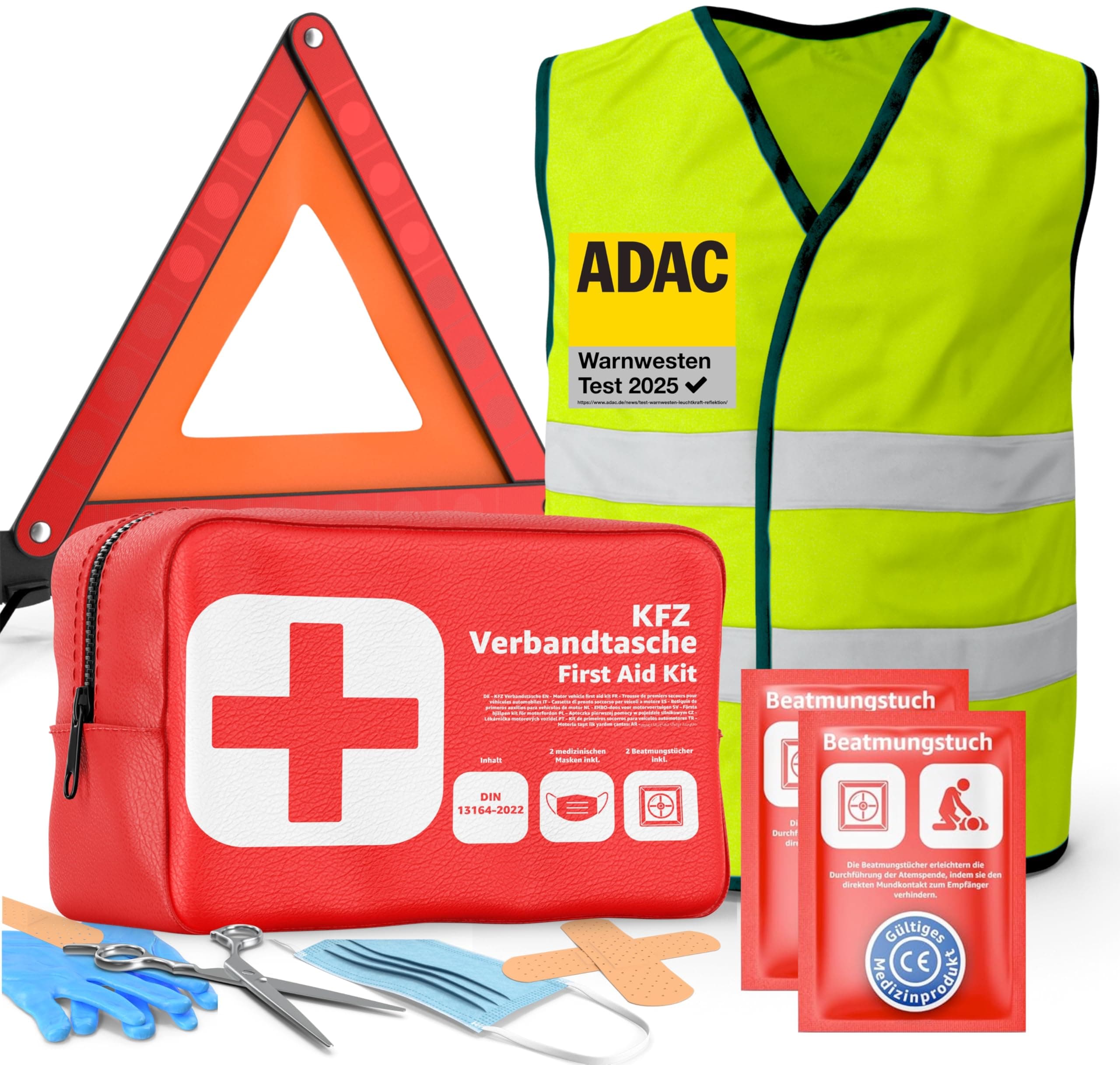 3 in 1 Set Auto Erste Hilfe Kit 2025 - KFZ Verbandskasten, Warnweste & Warndreieck - Pannenset & Unfallzubehör für PKW nach aktueller Norm