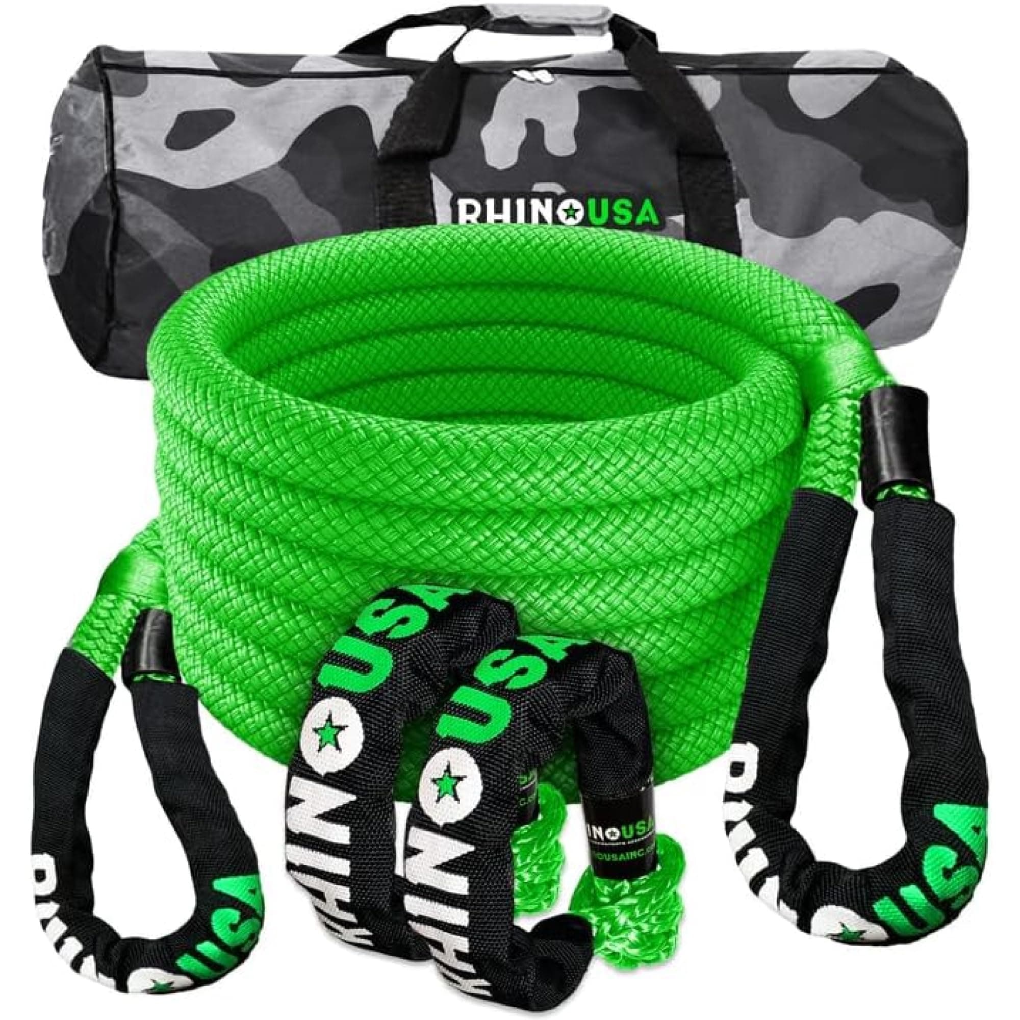 Rhino USA Kinetisches Seil Bergungssatz 13,000kg (2.2cm x 9m) - Schwerlast Offroad Schnappriemen - Abschleppseil elastisch Bergeseil - Set enthält 2 weiche Schäkel für LKW Auto Traktor - Grün