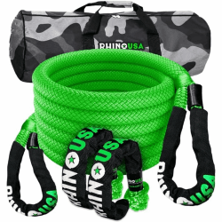 Rhino USA Kinetisches Seil Bergungssatz 13,000kg (2.2cm x 9m) - Schwerlast Offroad Schnappriemen - Abschleppseil elastisch Bergeseil - Set enthält 2 weiche Schäkel für LKW Auto Traktor - Grün