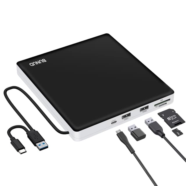 BUNUD Externes DVD Laufwerk für Windows 11: USB 3.0 & Type-C CD Laufwerk Extern Externer CD/DVD Brenner und Player mit 2 USB & SD/TF - Externe CD- & DVD-Laufwerke für Laptop Mac PC MacBook Pro Air schwarz-weißes externes cd/dvd-laufwerk