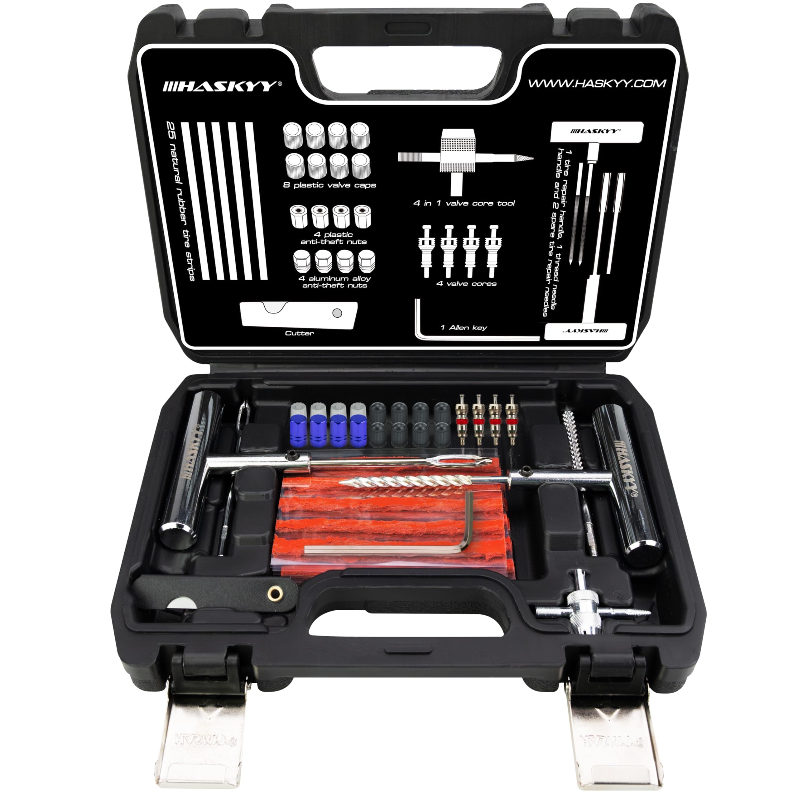 HASKYY Reifenreparaturset Reifenflickzeug Auto Reifen Reparatur Kit 53tlg - All in One Pannenset für Auto, Motorrad, ATV, SUV - Gummistreifen, Ventilwerkzeug, T-Griff & Cutter