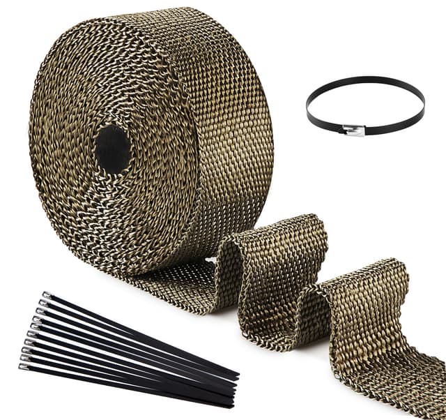 ilauke 5M*50mm Hitzeschutzband Auspuff, Auspuff Dichtband mit 10 Edelstahl-Kabelbindern, Schwarz – Hochtemperaturbeständig bis 1200°C für Motorrad, Auto, Traktor und mehr