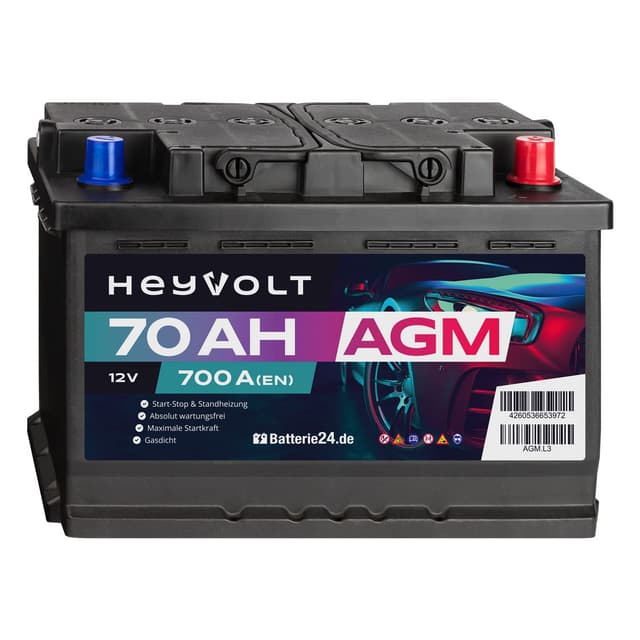 HeyVolt AGM Autobatterie 12V 70Ah 700A/EN Starterbatterie, Start-Stop & Standheizung geeignet, absolut wartungsfrei
