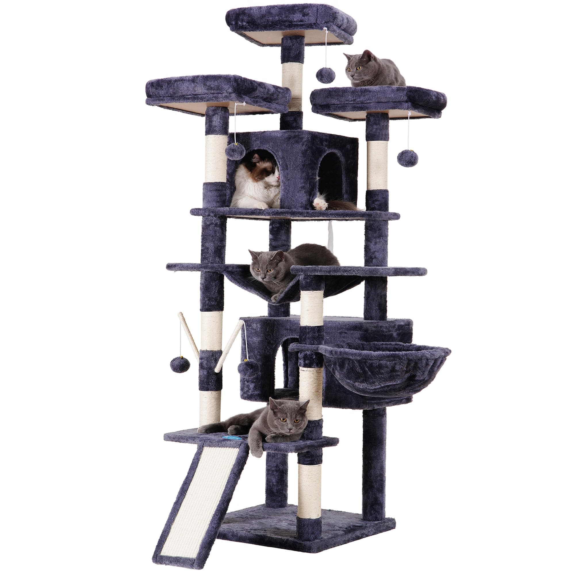 Hey-brother Kratzbaum groß, 180 cm XXL Katzenbaum, Kratzbaum Grosse Katzen Stabil mit Sisalseil, große Kratzbrett, Korb, 3 Plattform and 2 Haus, Rauchgrau EMPJ034G