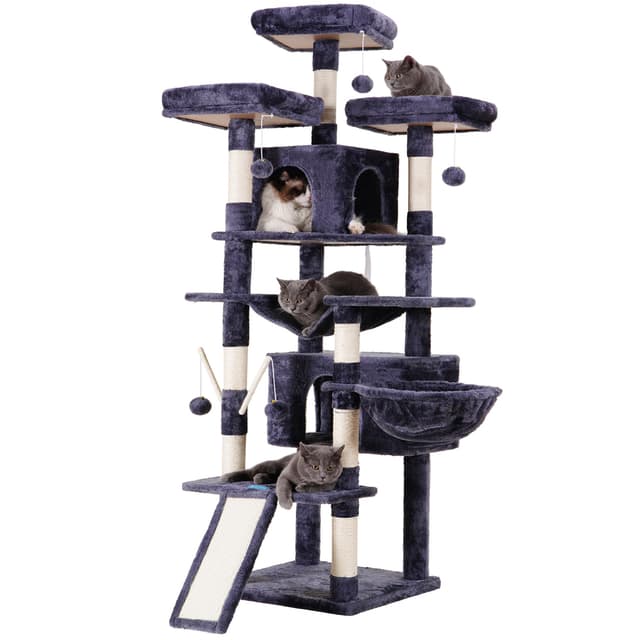 Hey-brother Kratzbaum groß, 180 cm XXL Katzenbaum, Kratzbaum Grosse Katzen Stabil mit Sisalseil, große Kratzbrett, Korb, 3 Plattform and 2 Haus, Rauchgrau EMPJ034G