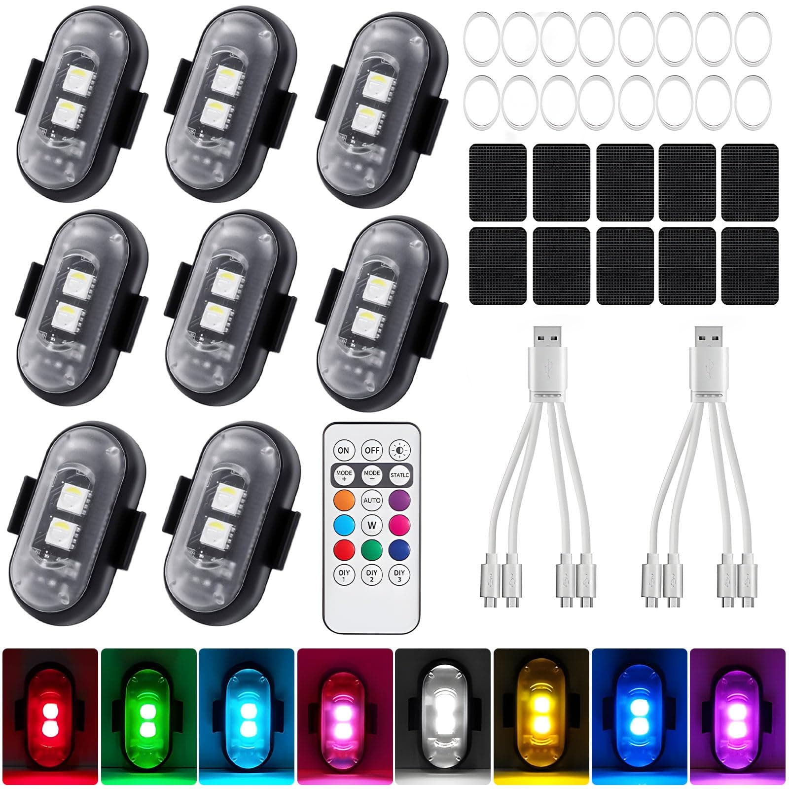 Vautvis 8PCS Kabellose Led Lichter Auto, Ambientebeleuchtung Auto Led Licht USB-Aufladung für Drohne, LKW, Motorrad, Fahrrad