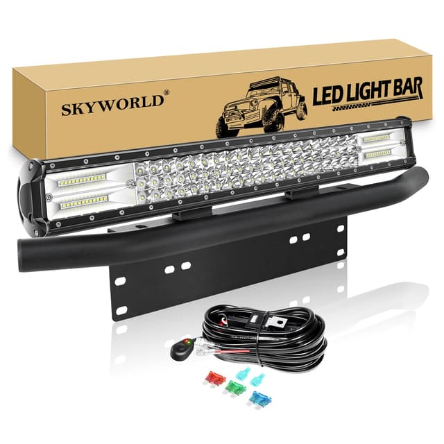 SKYWORLD LED-Lichtleiste, 59 cm 324W Spot-Flood-Kombistrahl-Arbeitsscheinwerfer 12V 24V mit schwarzer Kennzeichenhalterung Kabelbaum-Kit für LKW PKW ATV SUV 4X4 Auto 3 Reihe 23" A + Halterung + Kabelbaum