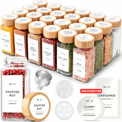 EDELHAUS Gewürzgläser Eckig Set mit Bambusdeckel (24 x 120ml) Gewürzstreuer mit Streueinsatz und 240 Etiketten Weiß - Holzdeckel Gewürzbehälter, Gewürzdosen, Gewürze organizer [11cm x 4,5cm] Glas