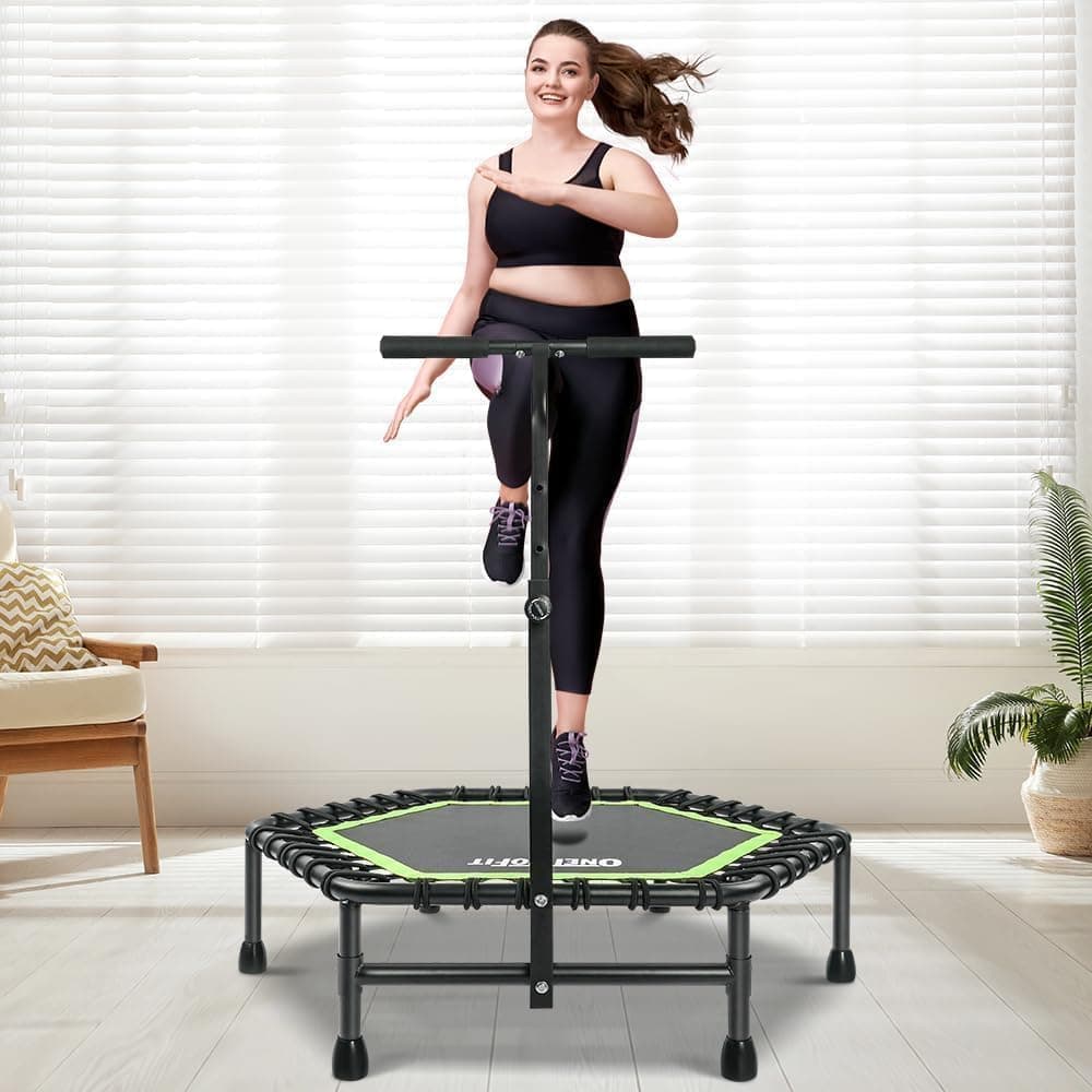 ONETWOFIT 107/114cm Trampolin lndoor,Rückprall Trampolin für Erwachsene, Leises Mini Trampoline für das Outdoor Training, Fitness Trampoline mit Bungee Rückpraller Grün-Sechskant-mit Griff