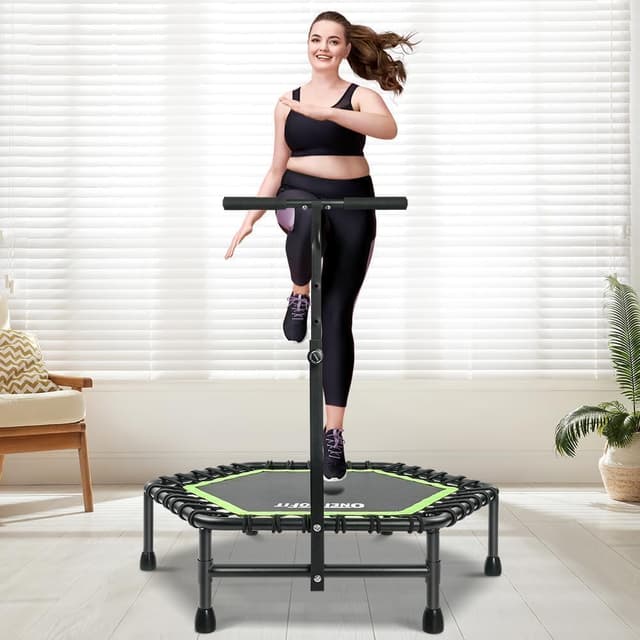 ONETWOFIT 107/114cm Trampolin lndoor,Rückprall Trampolin für Erwachsene, Leises Mini Trampoline für das Outdoor Training, Fitness Trampoline mit Bungee Rückpraller Grün-Sechskant-mit Griff