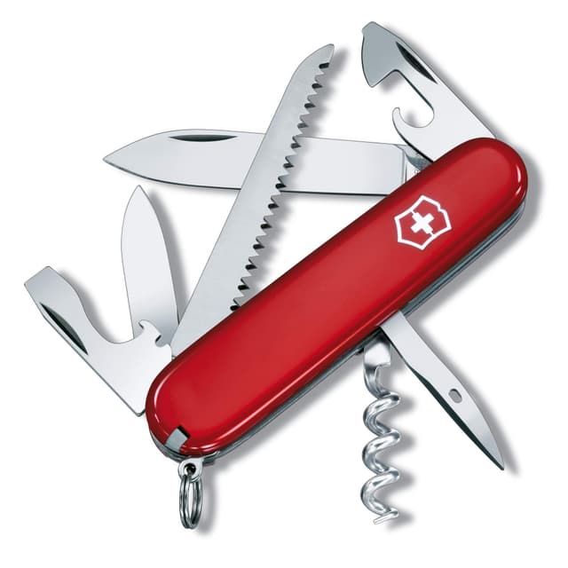 Victorinox Schweizer Taschenmesser, Camper, Swiss Army Knife, Multitool, 13 Funktionen, Klinge, Korkenzieher, Dosenöffner, Rot, Faltschachtel