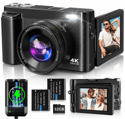 Digitalkamera,Oiadek 4K 48MP Autofokus Kamera Fotokamera mit 32 GB Speicherkarte 16-Fach Digitalzoom,Kompaktkamera mit 3,0 Zoll 180°-Klappbildschirm und Ladegerät für Anfänger black