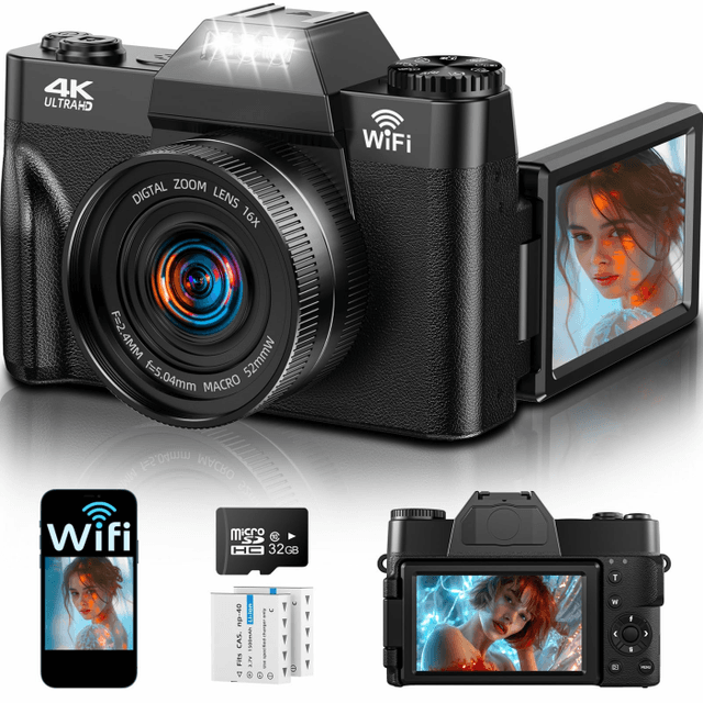 4K 75MP Digitalkamera mit WLAN & 180° Flip 3.0" Bildschirm, Autofokus Vlogging Fotoapparat mit 2X 1500mAh Batterien, 32GB Speicherkarte, Kompaktkamera für Kinder, Erwachsene, Senioren & Anfänger Kompakt Schwarz