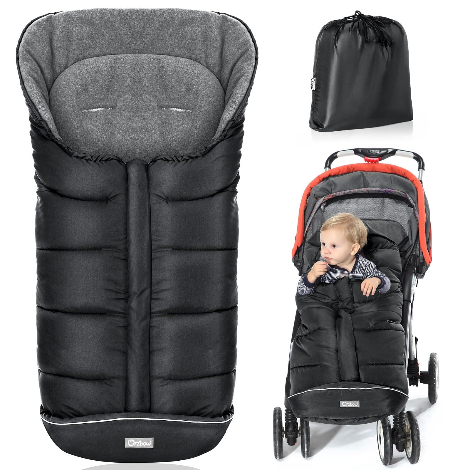 Orzbow Fußsack Kinderwagen Winter, Fußsack Buggy Fusssack Kinderwagen Baby Winter mit Wamres Polar Fleece, Reißverschluss, Reflektorstreifen, Universelle & Wasserdicht, Maschinenwaschbar, Schwarz Langer (97 * 44cm) Schwarz
