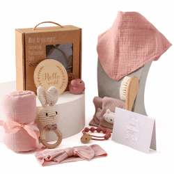WOODEN TEETHER 10-Teilig Baby Geschenk Mädchen Set, Geschenk Mädchen Junge für Neugeborene, Badetücher, Schnullerkette, Rassel, Meilensteinkarten, Lätzchen, Socke, Bürste, Babyparty(Rosa) Bath Sets Pink