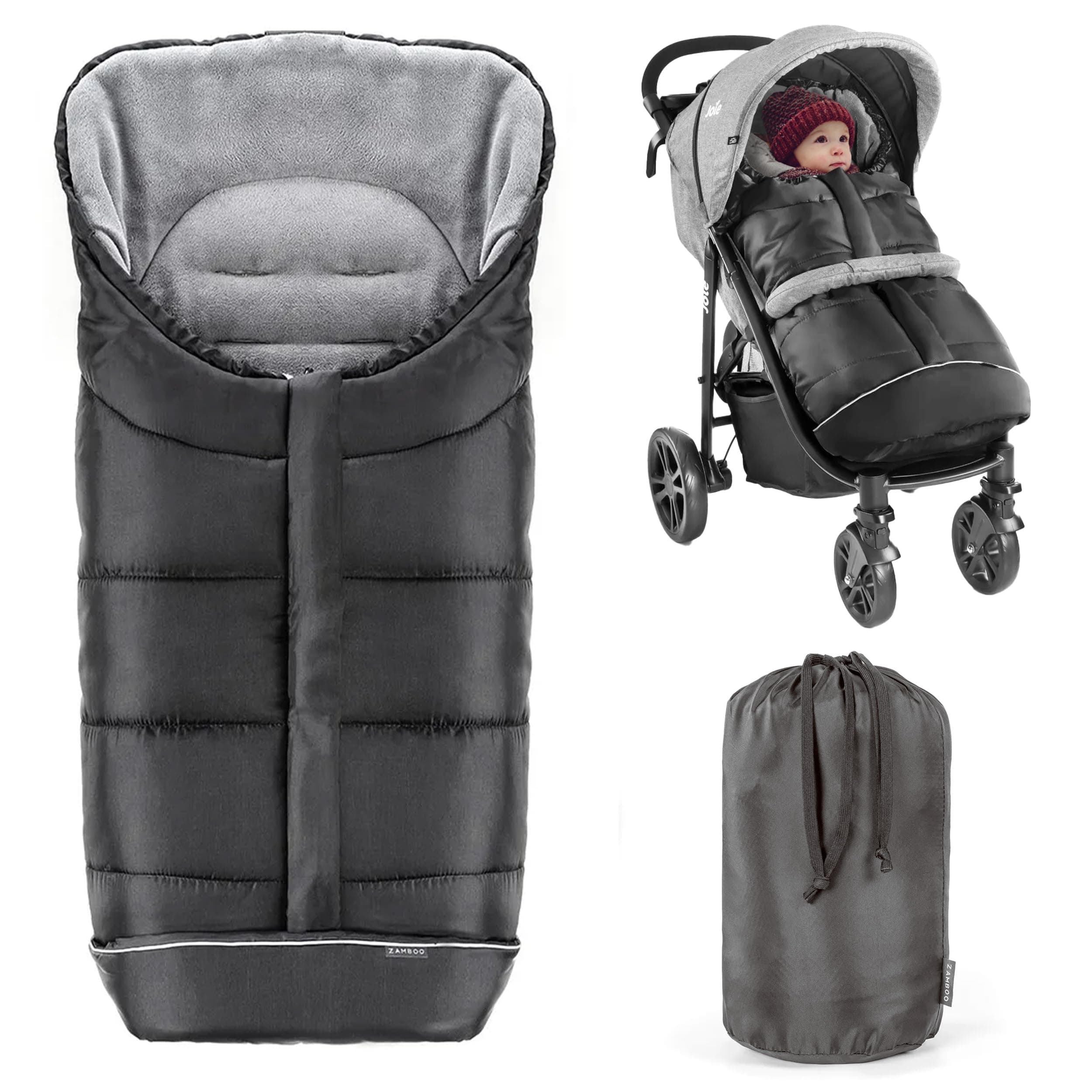 Zamboo Winter-Fußsack für Kinderwagen, Sportwagen & Buggy - Deluxe-Thermo-Fleece, Tasche, Anti-Rutschschutz & Reflektorstreifen – Schwarz