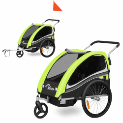 SAMAX Fahrradanhänger Jogger 2in1 360° drehbar Kinderanhänger Kinderfahrradanhänger Transportwagen für 2 Kinder - Black Edition Grün Angebot bei HelloDeals