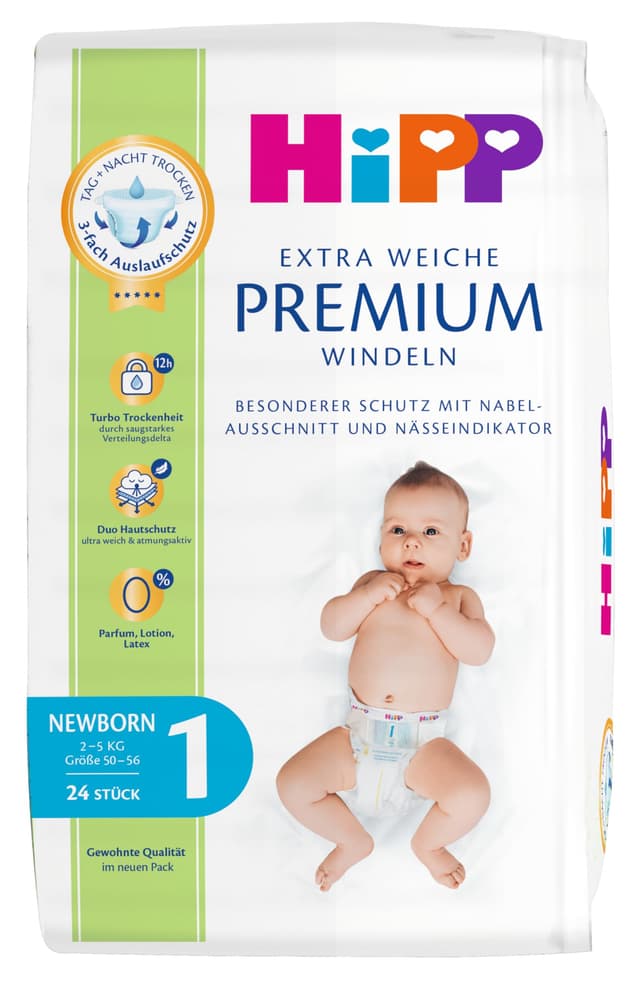 HiPP Extra Weiche Premium Windel Größe 1 Newborn 2-5 kg, 72 Stück (3 Packungen mit 24), mit 3-fach Auslaufschutz und Duo Hautschutz Größe1 (2-5 kg)