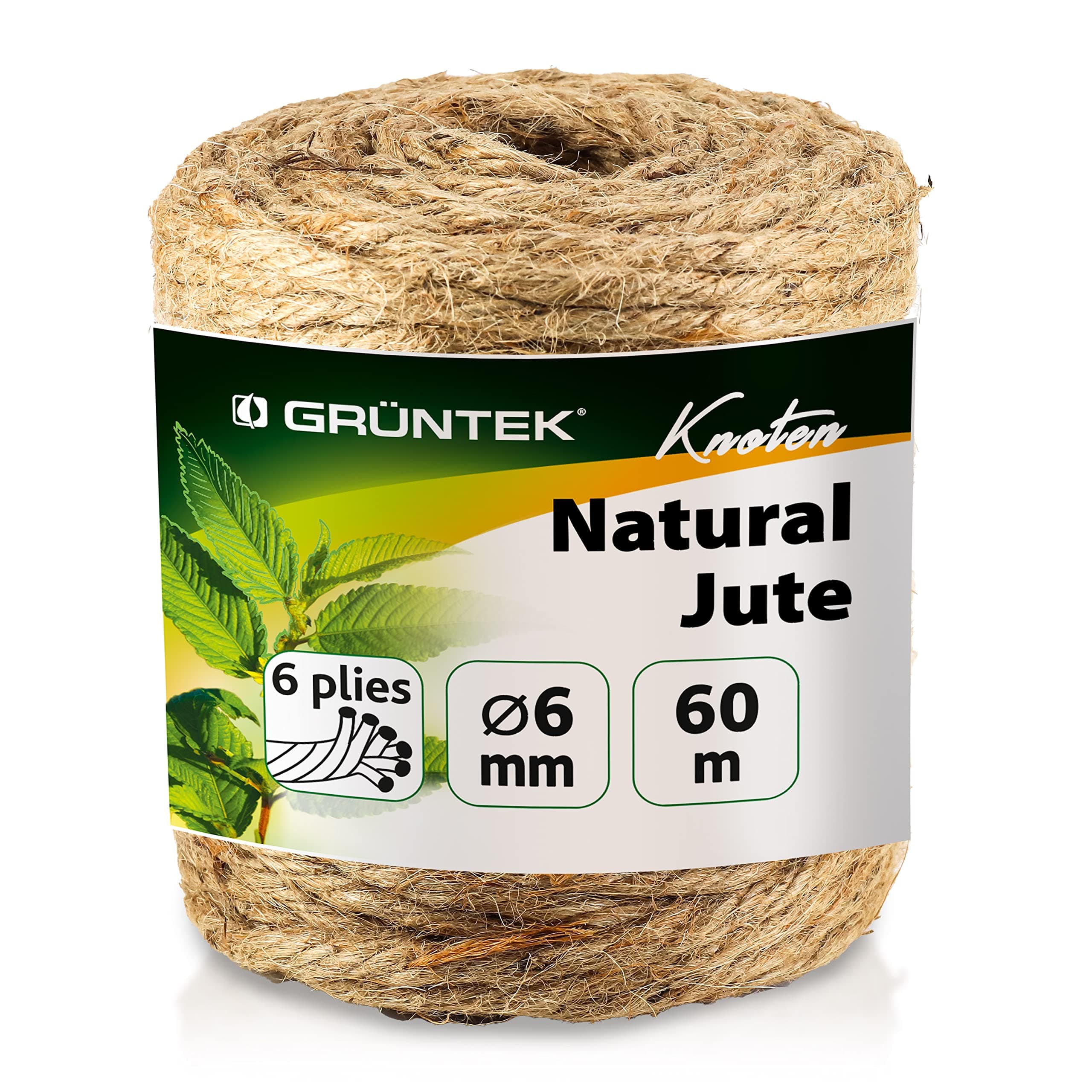 GRÜNTEK Garten Juteschnur 6 mm Dicke, Bindegarn, Gartenschnur, Bastelschnur Kordel Rolle mit 60 m, 100% Jutegarn Naturfarbe, zum Geschenke verpacken, Pflanzen binden, Basteln, Handwerken 1. 6mm dick, 60m lang