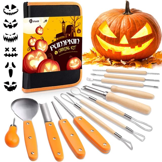 D-FantiX Halloween Kürbis Schnitzset, 13 Stück Professionelles Edelstahl DIY Kürbis Schnitzwerkzeug mit Aufbewahrungstasche und Carving-Schablonen für Kinder