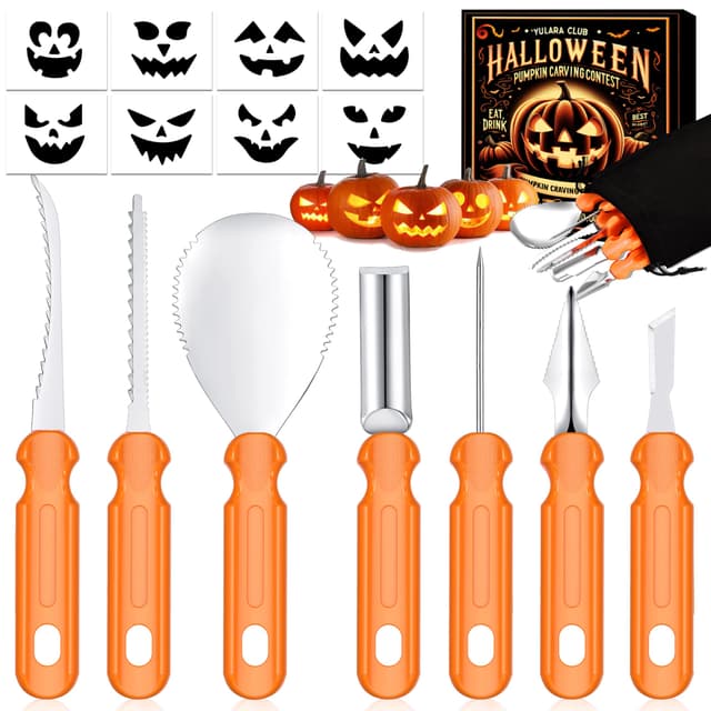 Halloween Kürbis Schnitzset Schnitzwerkzeug Kürbis: 7 Stück Kürbis Schnitzen Werkzeug mit Vorlagen Kinder Erwachsene Kürbisschnitzwerkzeuge, Edelstahl Pumpkin Carving Tools Set für Outdoor Kürbis Deko