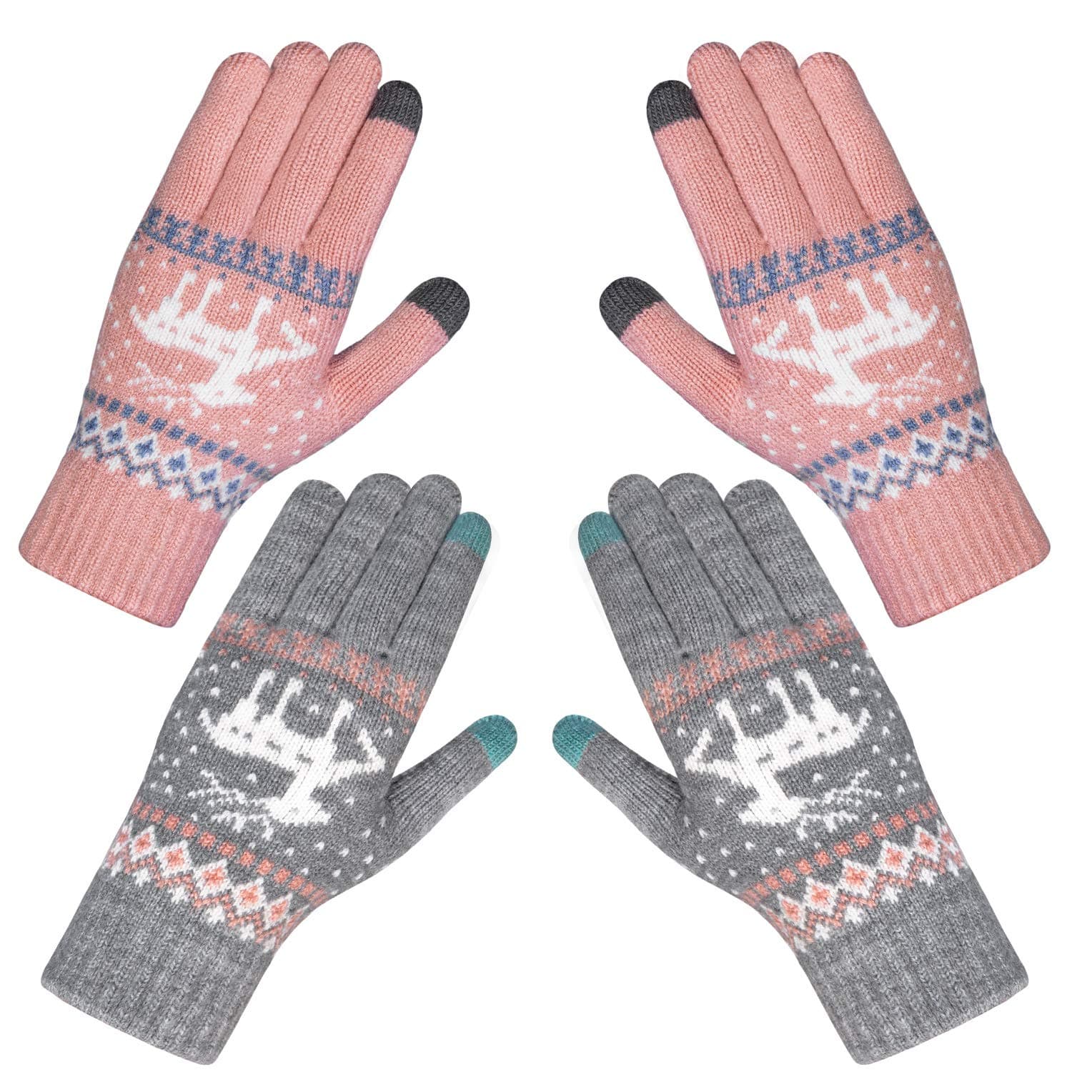 Chalier Fashion Handschuhe Damen Winter Warme Touchscreen Winterhandschuhe Schnee Blume Druck halten warm mit Kaschmir für Frauen und Männer MEHRWEG rosa+grau