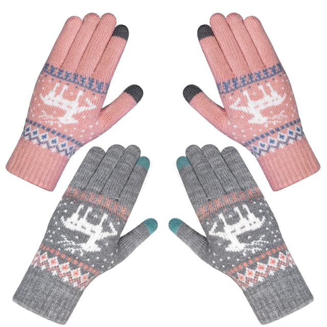 Chalier Fashion Handschuhe Damen Winter Warme Touchscreen Winterhandschuhe Schnee Blume Druck halten warm mit Kaschmir für Frauen und Männer MEHRWEG rosa+grau