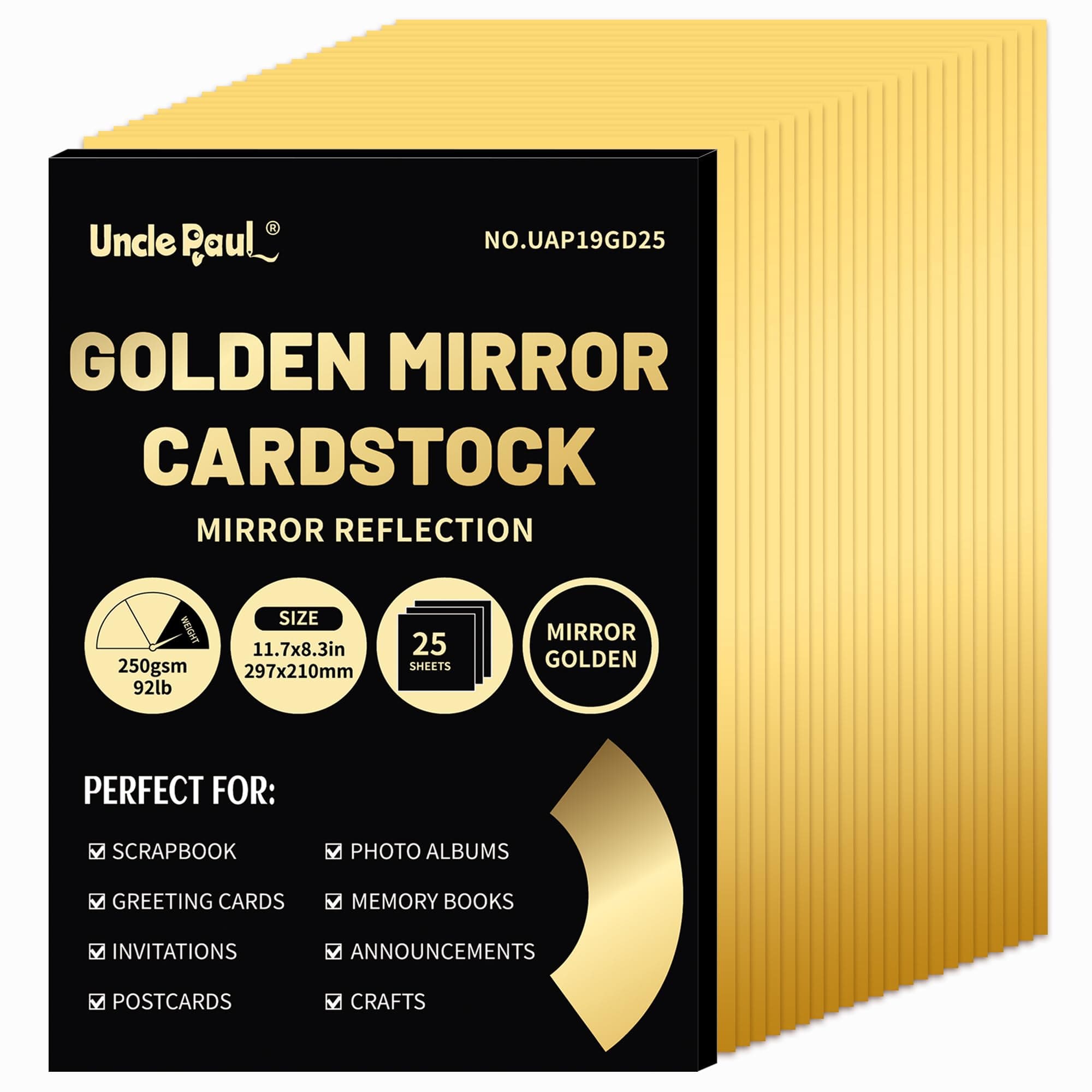 A4 Golden Mirror Kartonpapier, 25 Blatt 250 g/m²/92 lb metallisch reflektierendes Papier zum Basteln, Folienkarton für DIY-Projekte, Geburtstagsdekoration UAP19GD25 Spiegelgolden[25 Blatt] A4 [11,7×8,3 Zoll/297×210 mm]