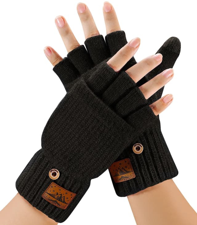 CHENMEI Fingerlose Handschuhe Herren und Damen - Halbfingerhandschuhe mit Kappe,Winter Flip Handschuhe mit Berührung,Fäustlinge mit Alpakawolle,Winterhandschuhe für Damen Herren Dunkelschwarz