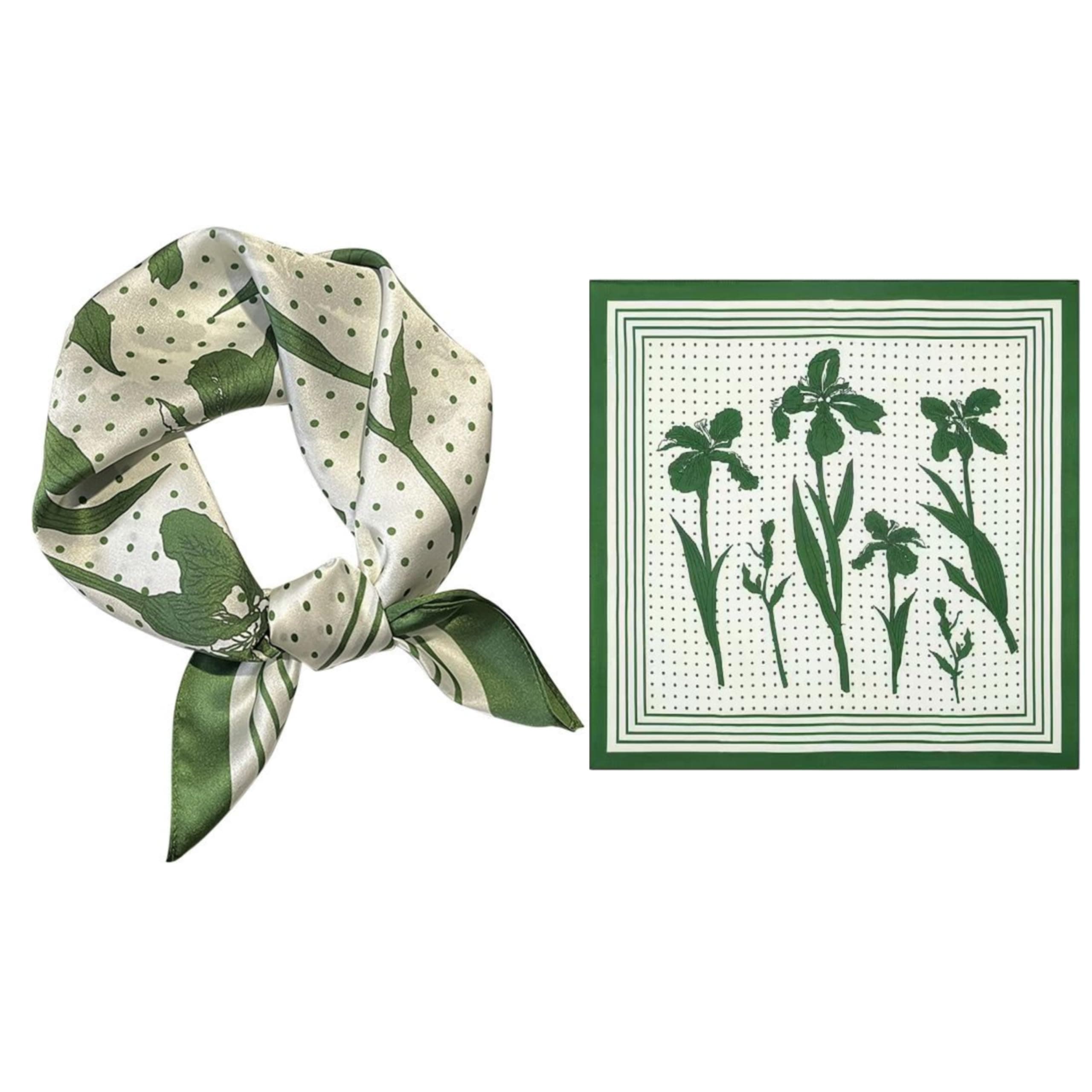 GIMIRO Schal aus imitierter Seide [53 x 53cm] Quadratische Schals Impressionismus-Muster Vintage-Schal für Büroarbeit oder lässigen Bund 61# H01 White/Green Iris