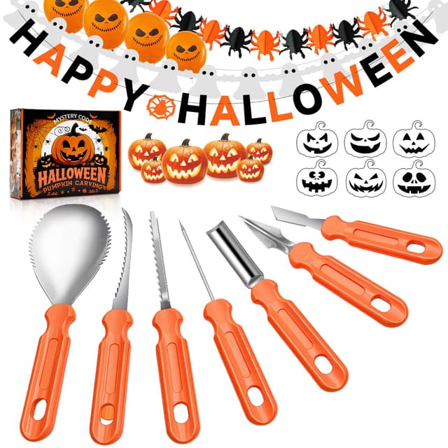Halloween Kürbis Schnitzset, 24 Stück Kürbisschnitz Set mit Kürbis Schnitz Vorlagen Halloween Dekoration Banner&Luftballons, Edelstahl Pumpkin Schnitzwerkzeuge für Kinder und Famile Herbstdeko
