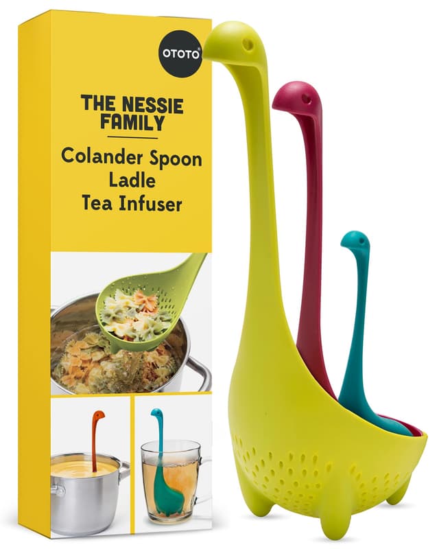 OTOTO The Nessie Family Soup Ladle and Tea Infuser Set - Durable Silicone, Colander for Cooking & Tea Infusers - 100% Food safe, BPA Free Spoon - Heat Resistant Fun Kitchen Gadgets