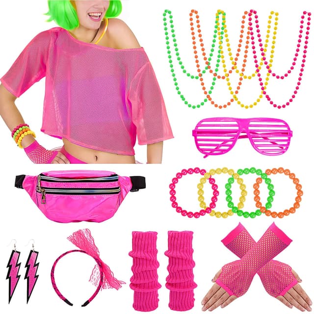Aottom Neon Netz Shirt 18 St. 80er Jahre Outfit Damen Accessoires 90er Kostüm Zubehör Set Retro,Gürteltasche,Netzhandschuhe,Stirnband,Beinstulpen,Halskette,Armband,Ohrring,Brille,für Karneval Party Rosa