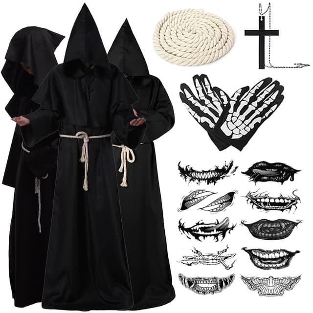 STFYUG Mönch kostüm, Halloween Kostüm Herren, Priester kostüm herren, Mönch kostüm herren mit Kapuze, Halloween Kostüm Herren Mönch, Priester Kostüm Mönchskutte für Halloween Party Cosplay